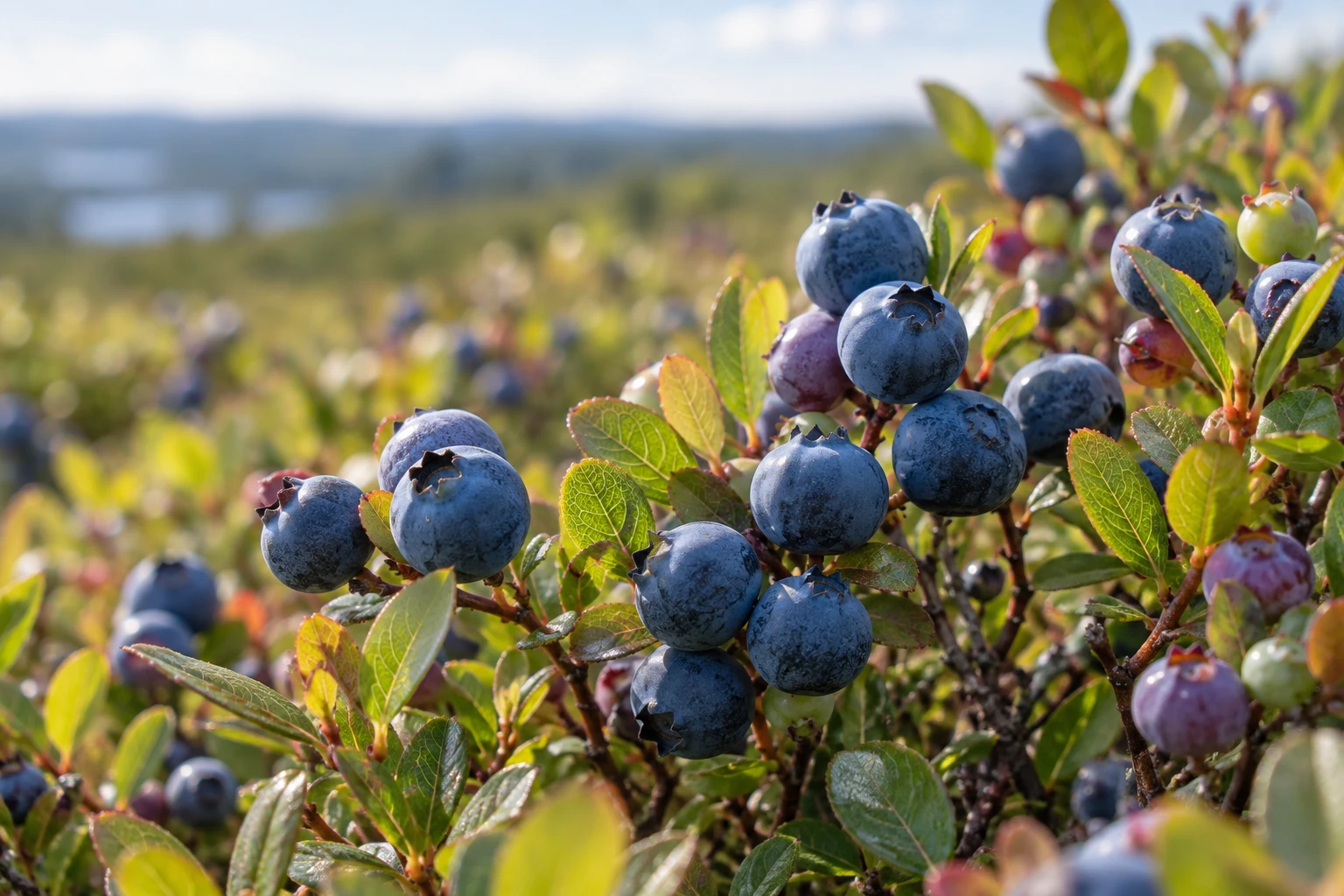 Bleuets sauvages mûrs parmi de petites feuilles vertes
